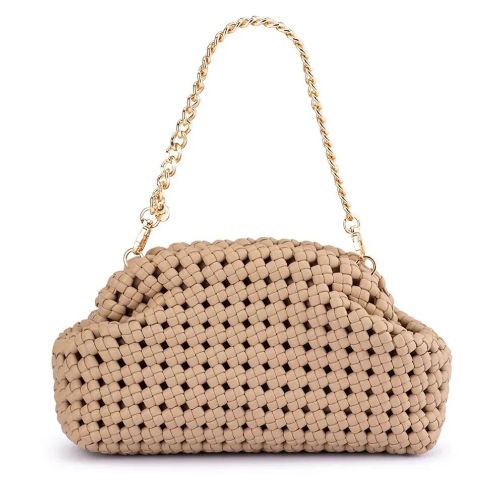 Olga Berg Everly Natural Handwoven Faux Leather Clutch with Gold Crossbody Chain - Picture 4 of 16
